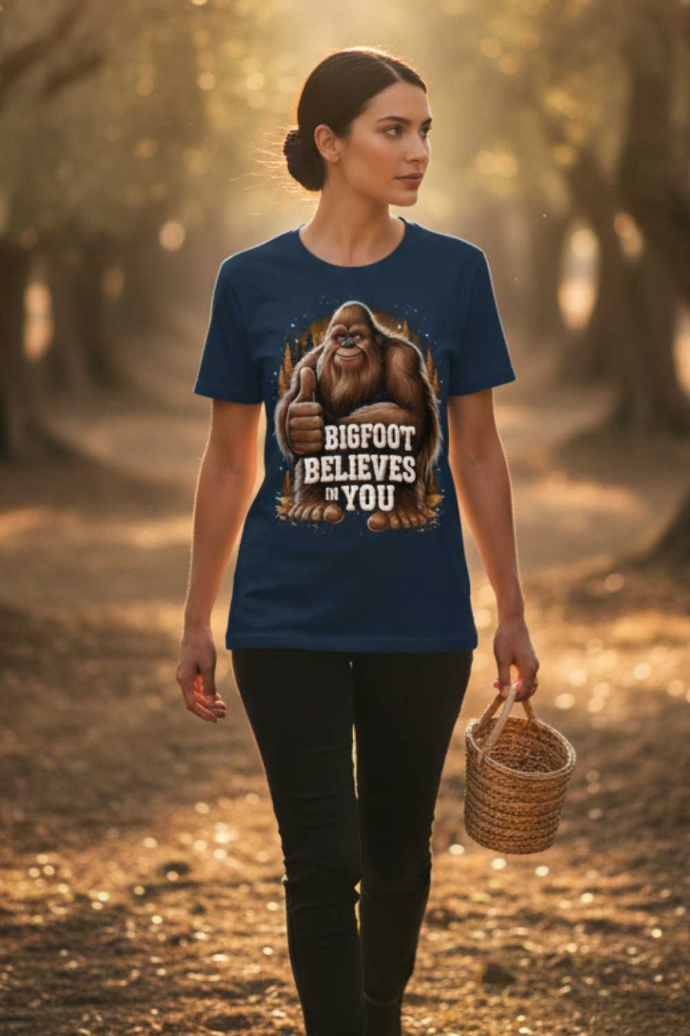 A woman walking down a sunlit forest path wearing a navy graphic T-shirt with a Bigfoot illustration and the text 'BIGFOOT BELIEVES YOU' in a natural outdoor setting.