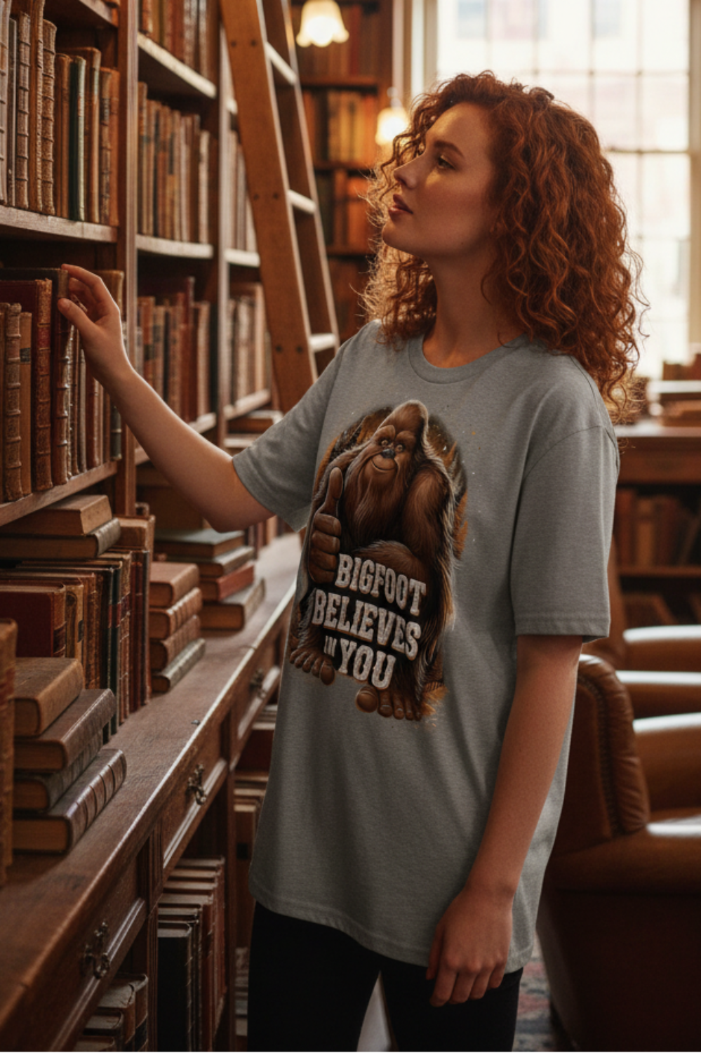 Bigfoot Believes in You Graphic T-Shirt – Funny Sasquatch Thumbs Up Tee