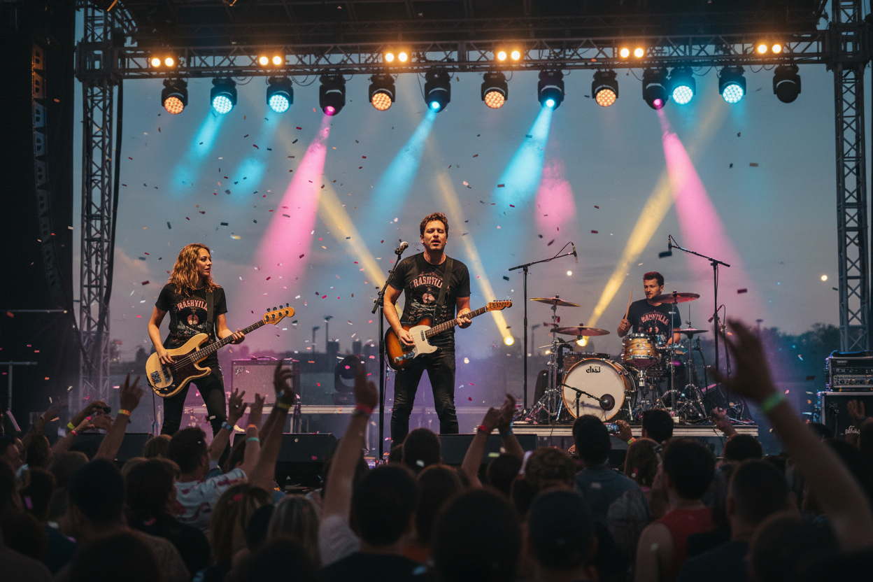A live rock band performs on an outdoor stage at dusk, with three musicians playing guitars and drums under colorful pink, blue, and white spotlights, while a crowd of fans throws confetti in the foreground.