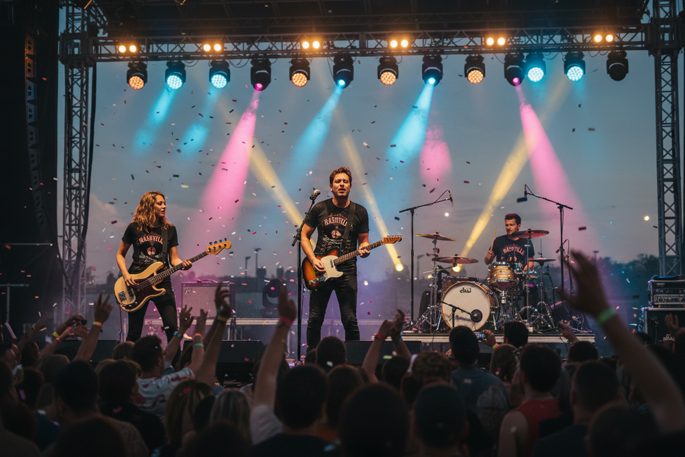 A live rock band performs on an outdoor stage at dusk, with three musicians playing guitars and drums under colorful pink, blue, and white spotlights, while a crowd of fans throws confetti in the foreground.