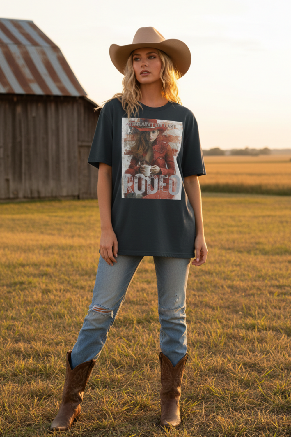 A woman stands in a grassy field wearing a dark charcoal graphic t-shirt with a western rodeo print, light-wash distressed jeans, brown cowboy boots, and a tan cowboy hat. A rustic barn is visible in the background.