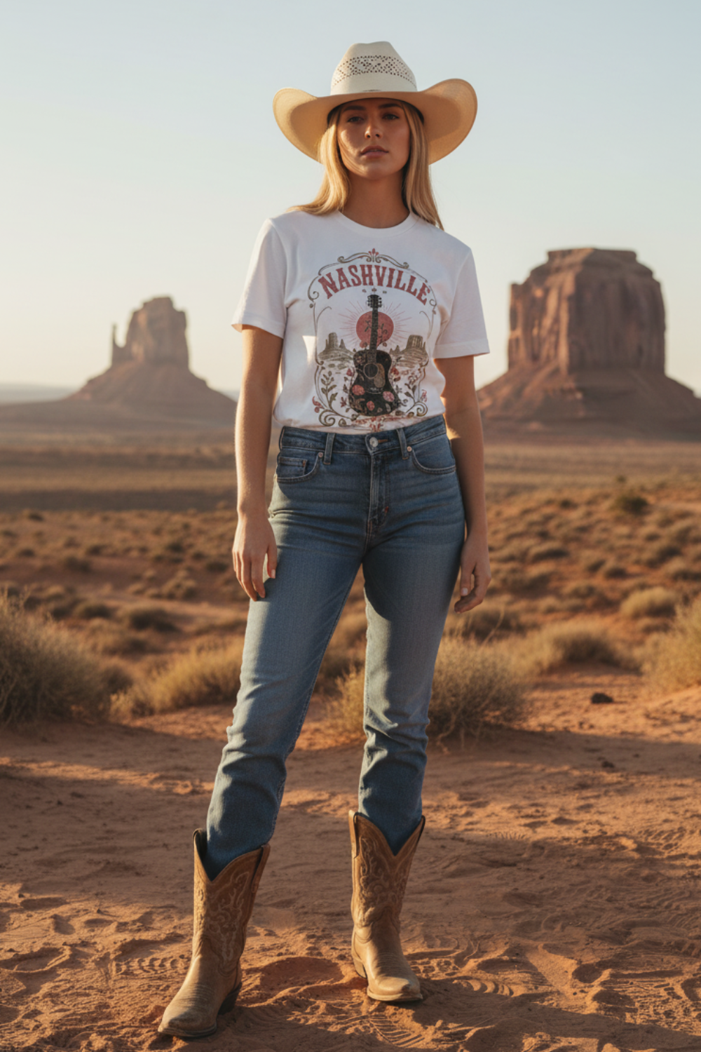 A woman stands in a desert landscape wearing a white graphic T-shirt with 'Nashville' and a cowboy illustration, blue jeans, a beige cowboy hat, and tan cowboy boots.