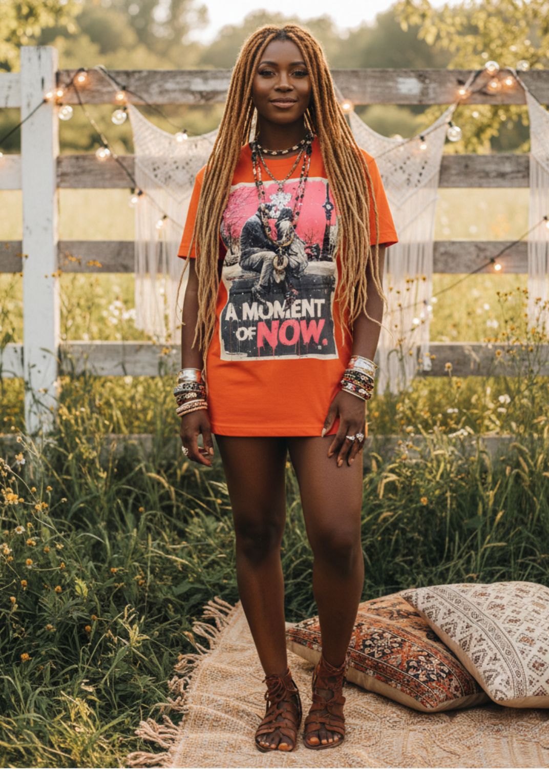 Woman wearing an orange t-shirt with a graphic design, standing outdoors in a field with a wooden fence and trees in the background.