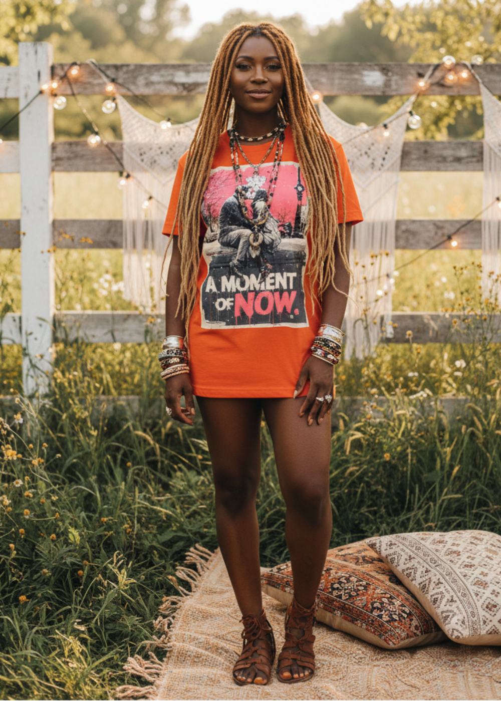 Woman wearing an orange t-shirt with a graphic design, standing outdoors in a field with a wooden fence and trees in the background.
