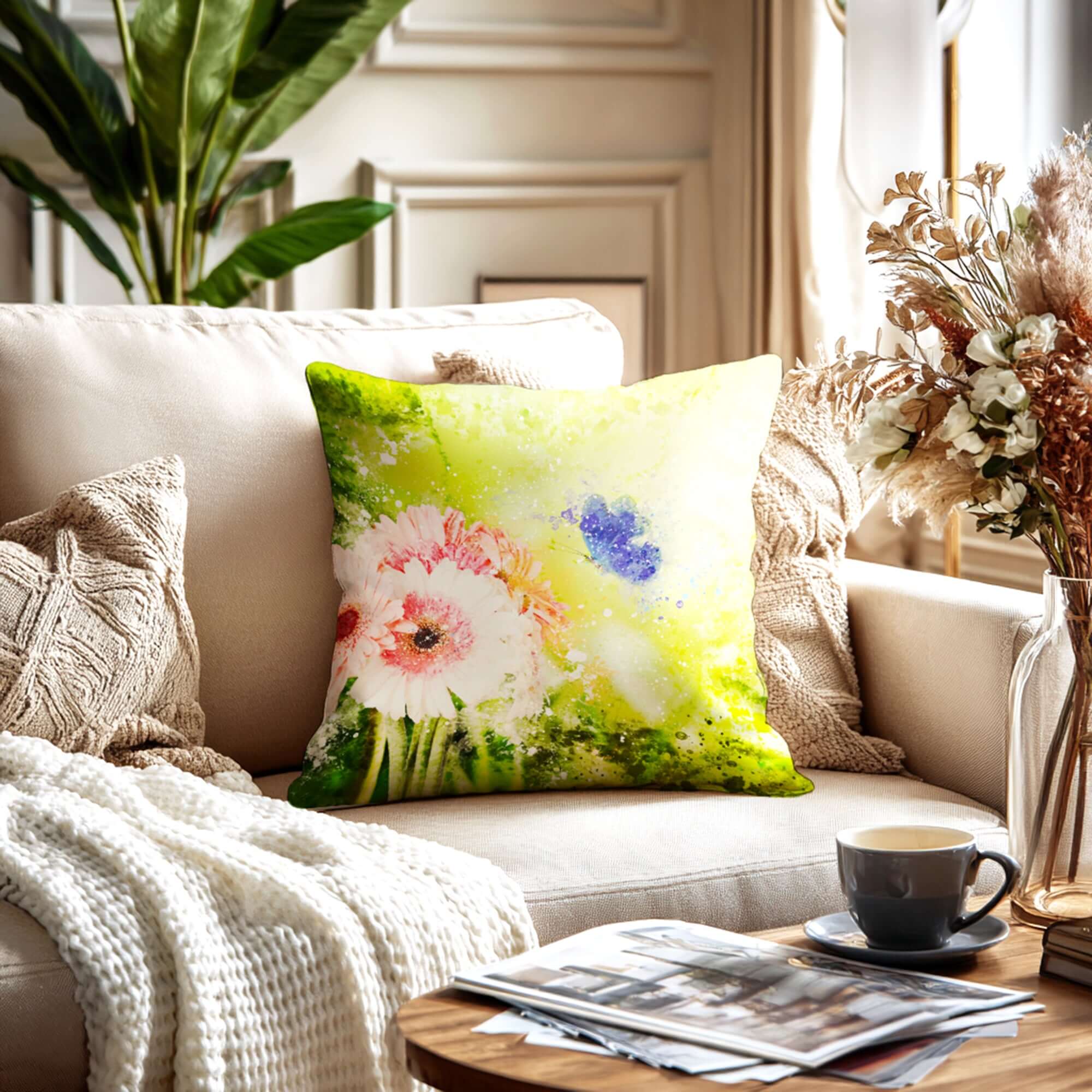 Watercolor Pink Daisy & Blue Fairy Butterfly Throw Pillow Accent Cushion