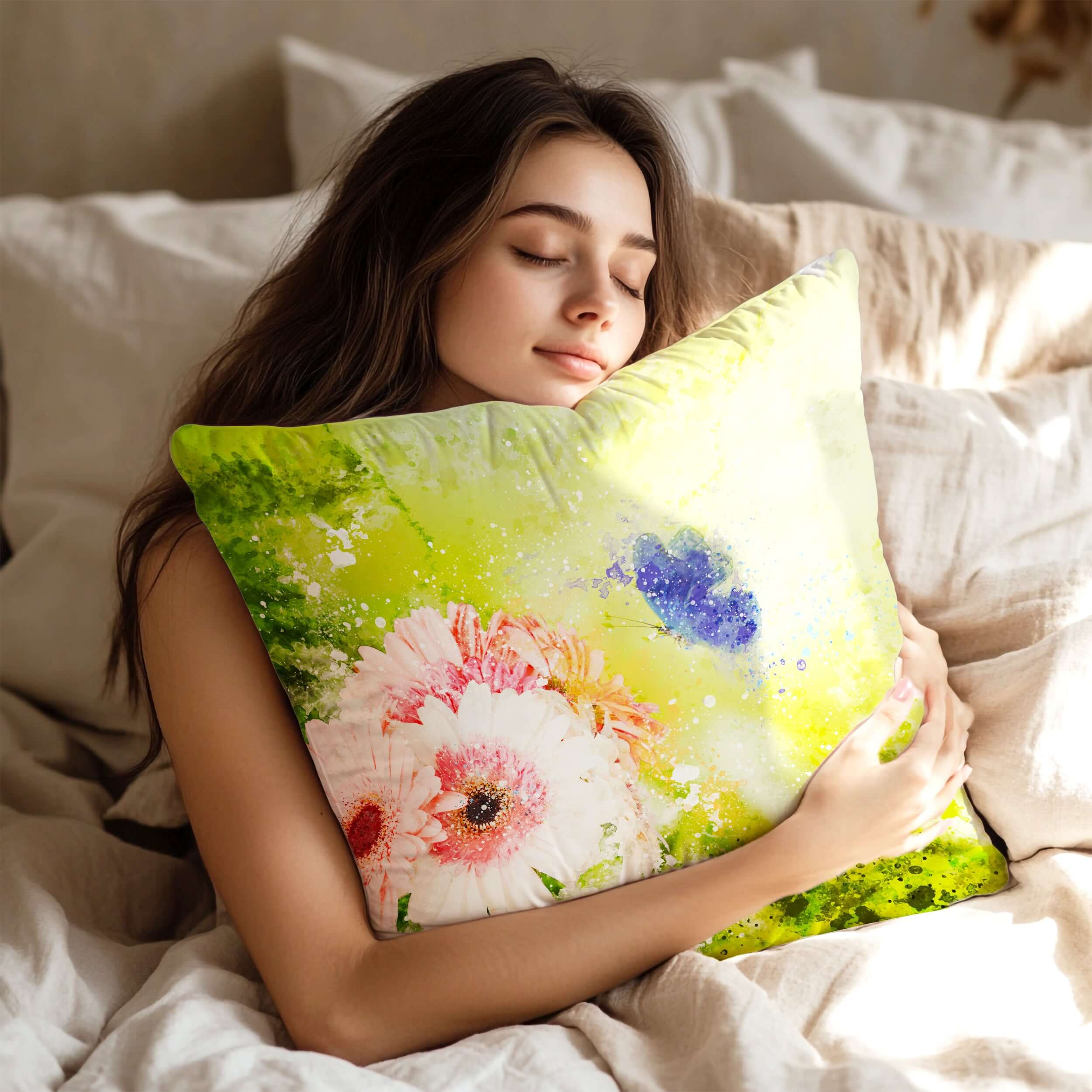 Watercolor Pink Daisy & Blue Fairy Butterfly Throw Pillow Accent Cushion