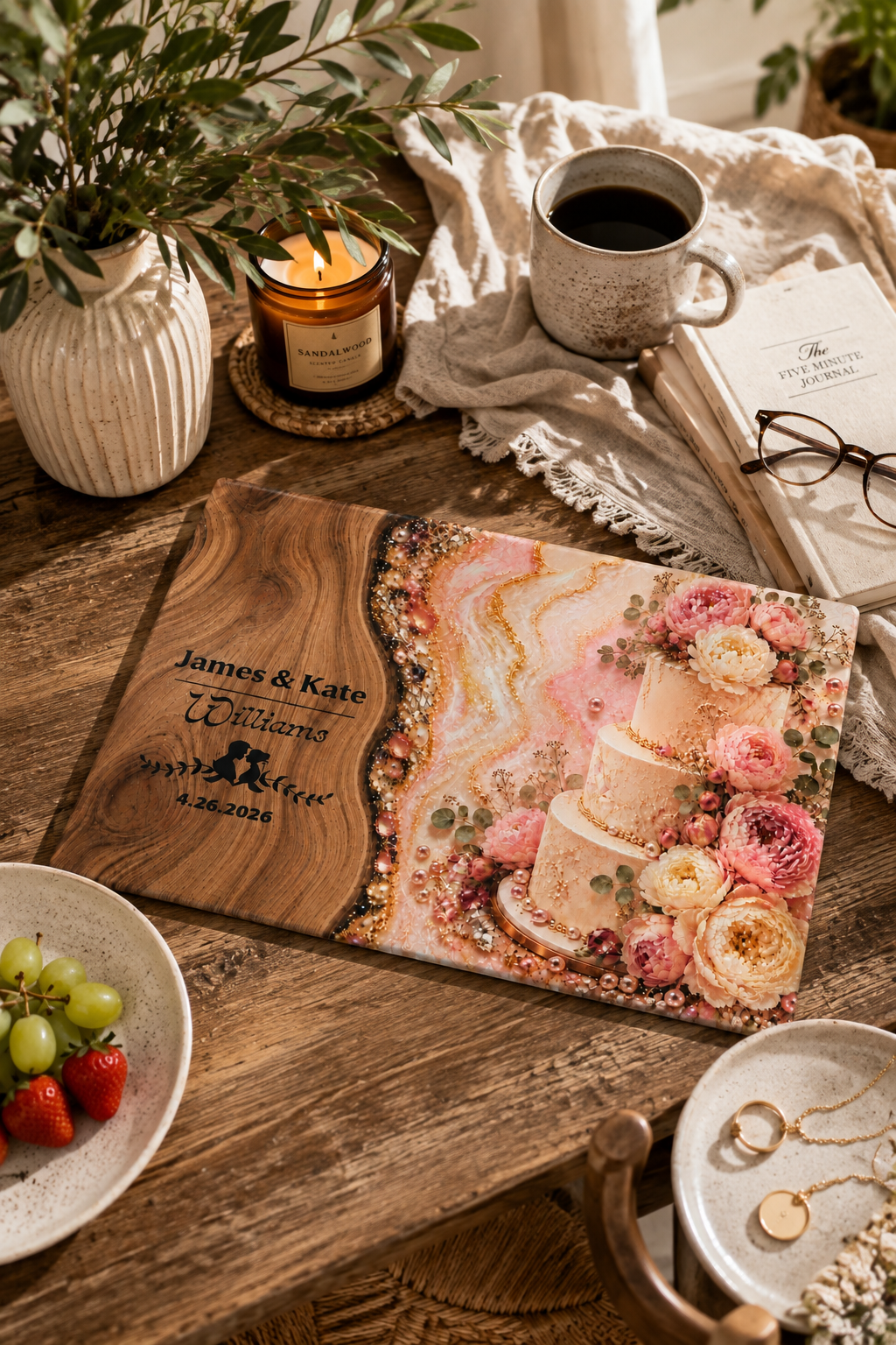 Personalized wedding glass cutting board in a cozy warm lifestyle setting
