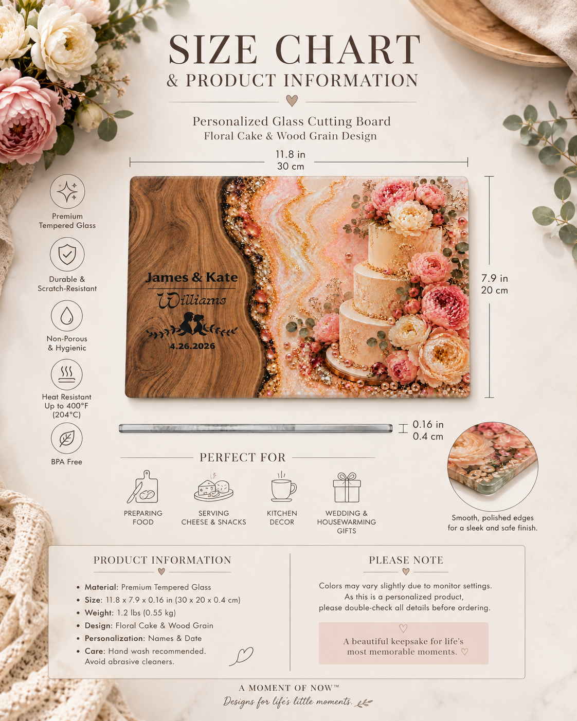 Size chart and product information for personalized wedding glass cutting board