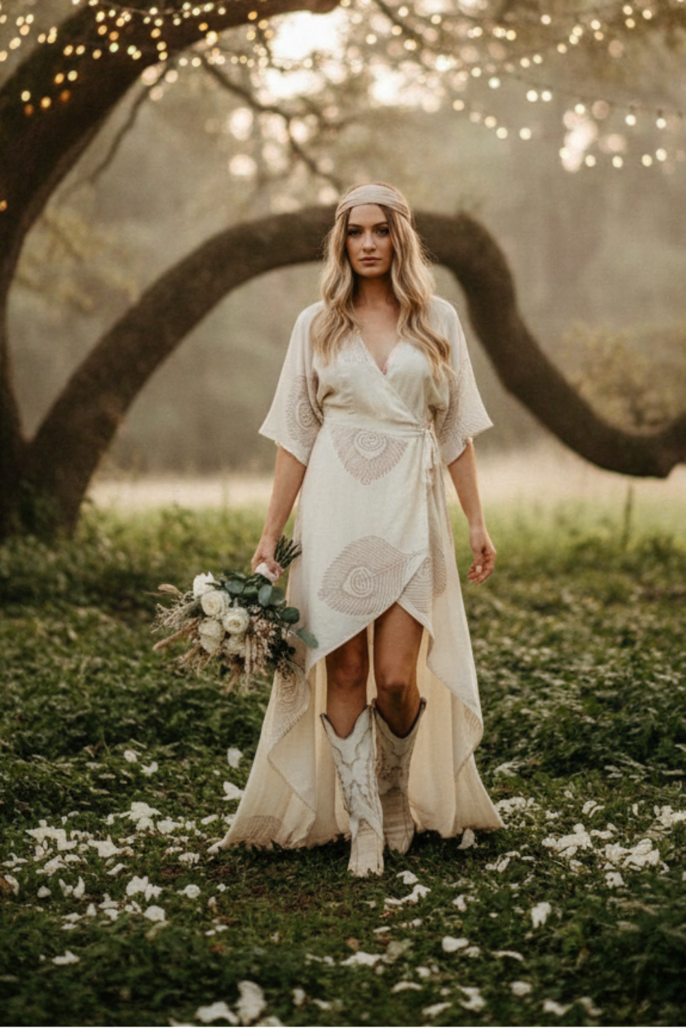 A woman stands outdoors in a grassy area under trees with warm string lights, wearing a cream boho-style wrap dress with a high-low hem and matching headband, holding a bouquet and wearing white cowboy boots.