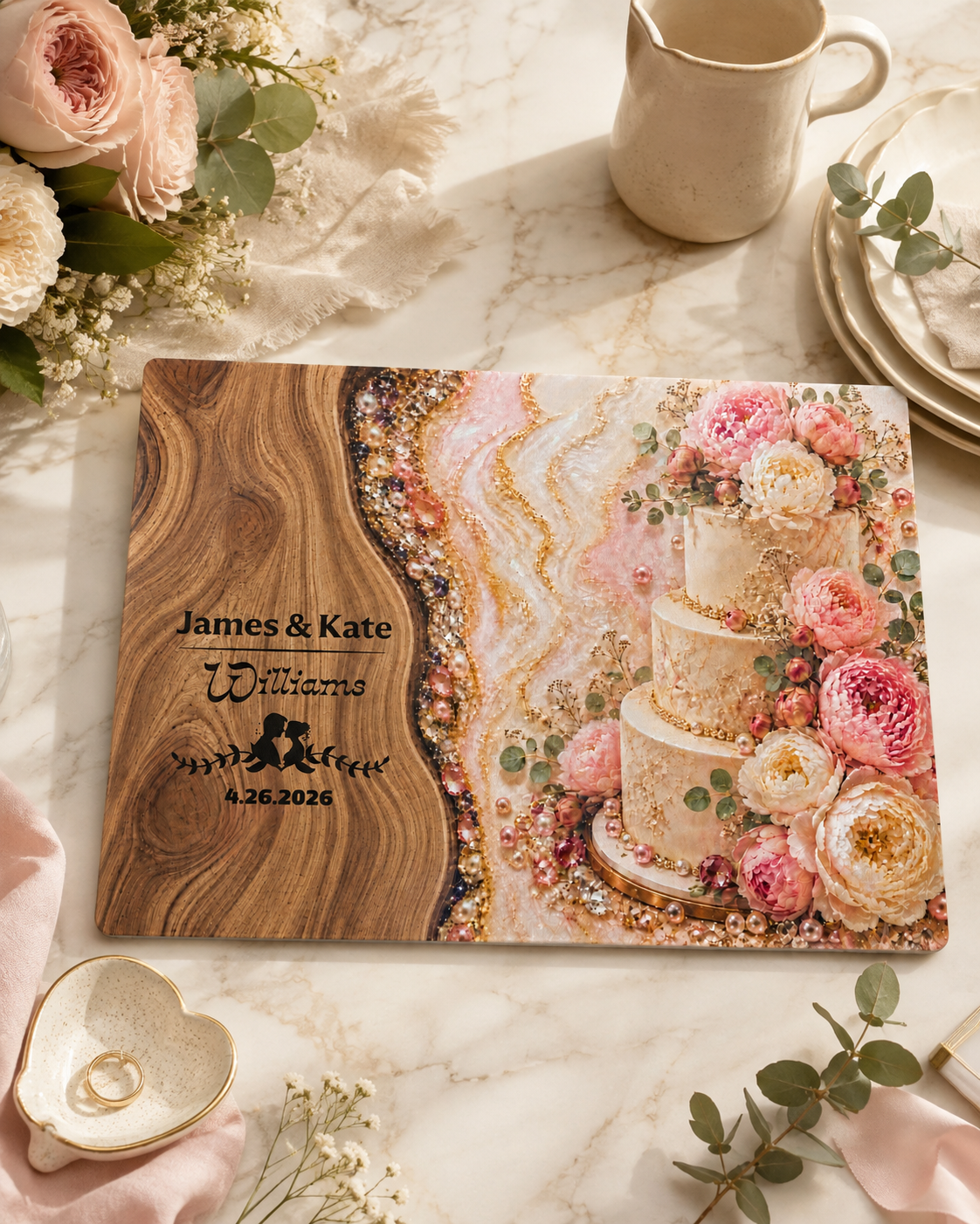 Personalized Wedding Gift Glass Cutting Board — Floral Cake & Wood Grain | Names & Date