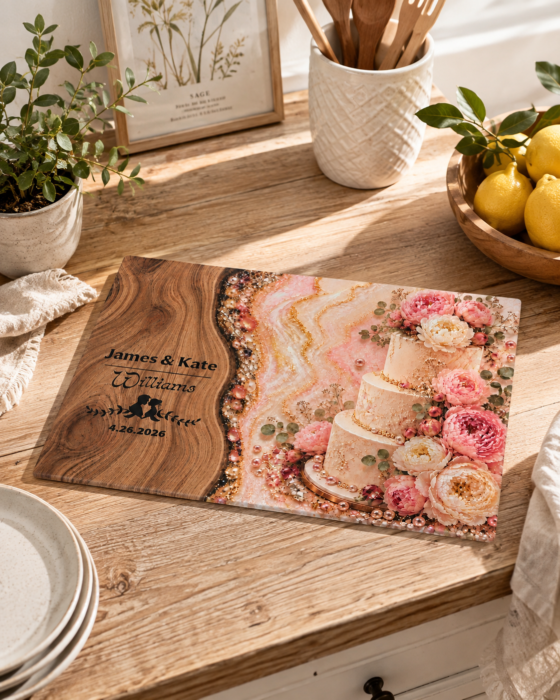 Personalized Wedding Gift Glass Cutting Board — Floral Cake & Wood Grain | Names & Date