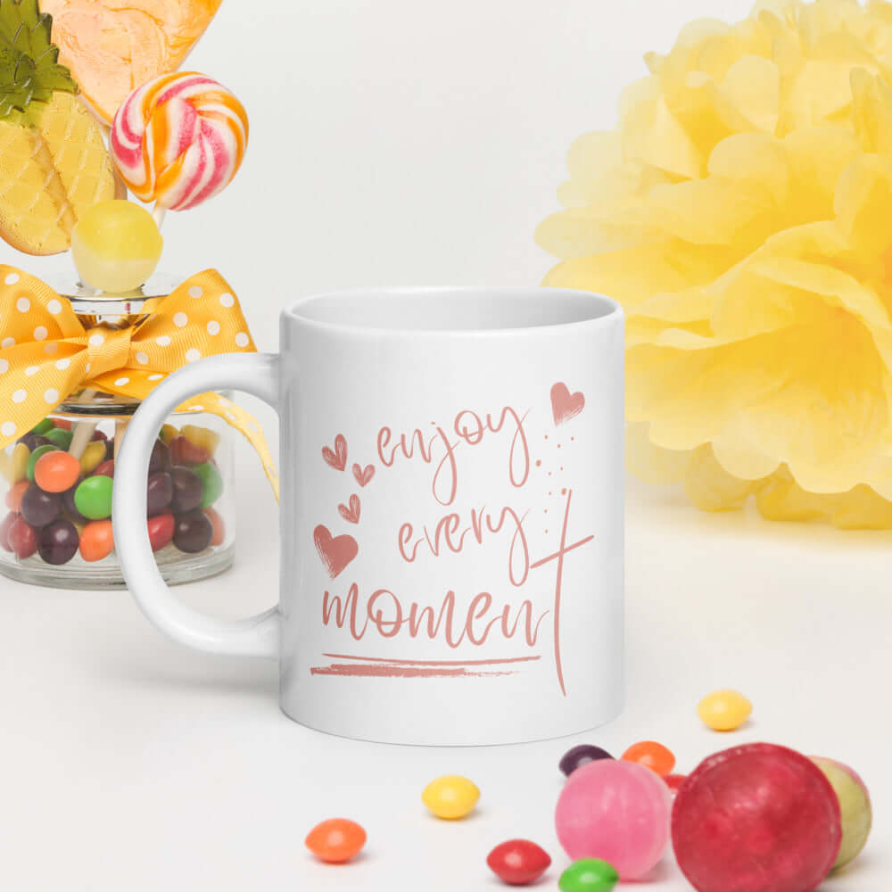 Enjoy Every Moment Inspirational Coffee Mug - Pink, Mugs, $ 17.00, A Moment Of Now™