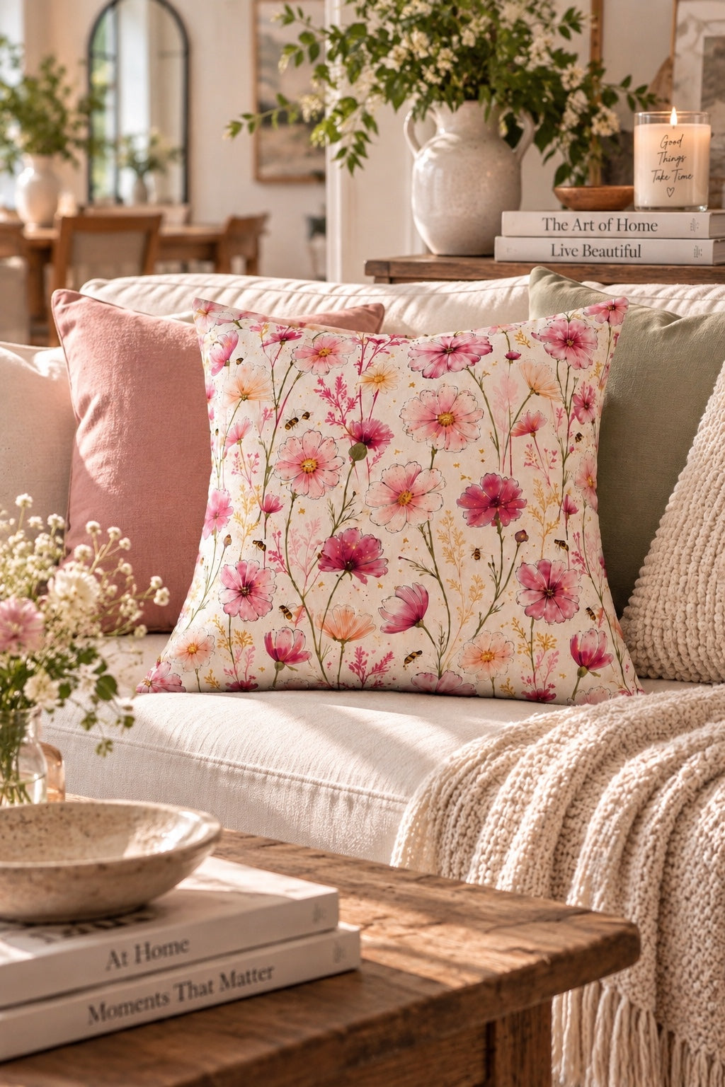 Wildflower Blush Decorative Throw Pillow — Floral Pattern & Coordinating Solid Colors