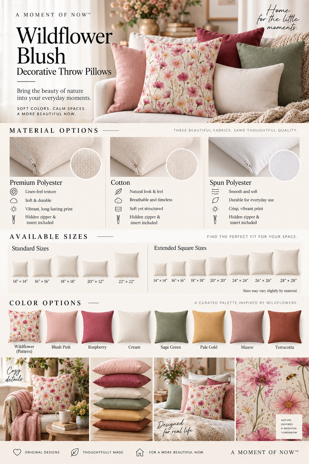 Wildflower Blush Decorative Throw Pillow — Floral Pattern & Coordinating Solid Colors