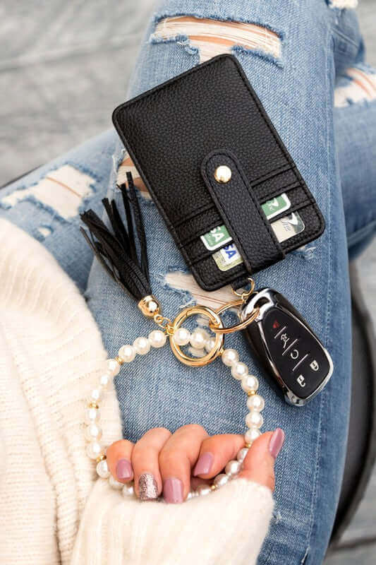 Pearl Key Ring Vegan Leather Wallet Bracelet, Wallet Bracelets, $ 30.95, A Moment Of Now™