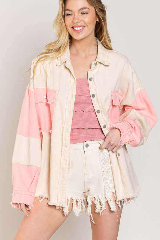 Oversized Shacket with Frayed Edge Hem, POL, $ 75.00