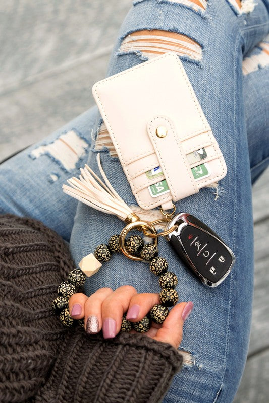 Shop Leopard Beaded Key Ring Wallet Bracelet, Wallet Bracelets, USA Boutique