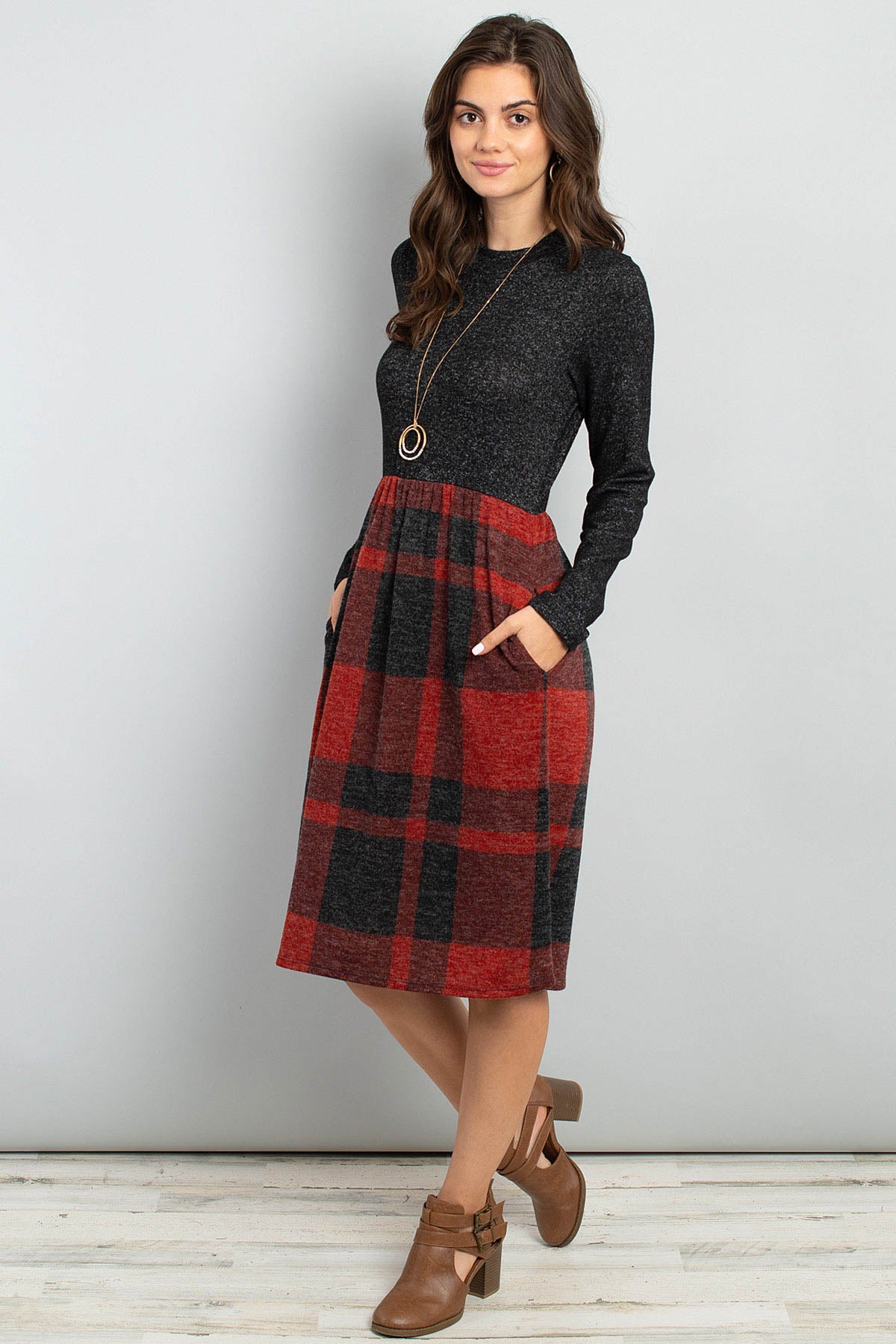 Shop Two Toned High Neck Long Sleeves Plaid Contrast Dress, dresses, USA Boutique