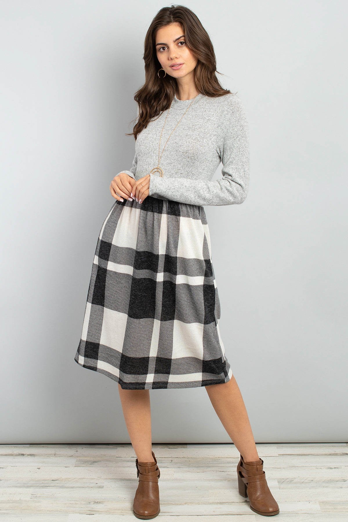 Shop Two Toned High Neck Long Sleeves Plaid Contrast Dress, dresses, USA Boutique