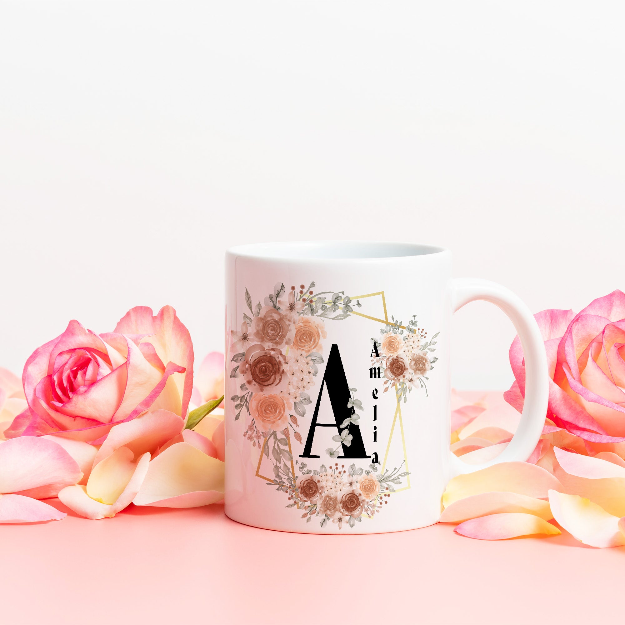 Shop Personalized Custom Initial Letter & Name Monogram Watercolor Floral Design Coffee Mug Cup, Mugs, USA Boutique