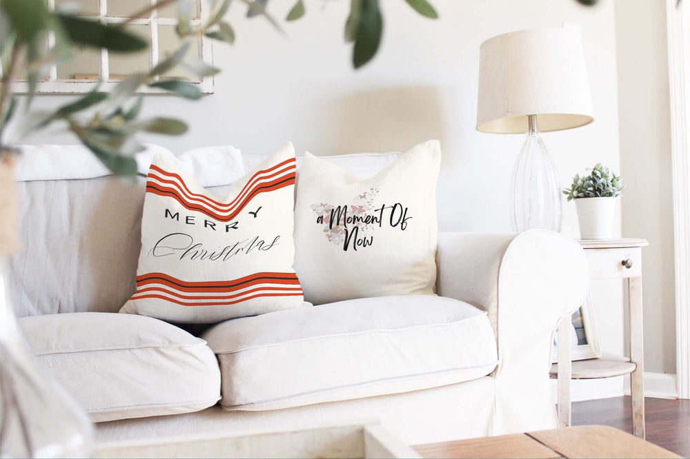 Festive Merry Christmas Holiday Text Graphic with Red Strips Premium Decorative Throw Pillow Accent Cushion, Throw Pillows, $ 55.00, A Moment Of Now™
