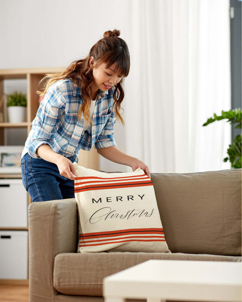 Festive Merry Christmas Holiday Text Graphic with Red Strips Premium Decorative Throw Pillow Accent Cushion, Throw Pillows, $ 55.00, A Moment Of Now™