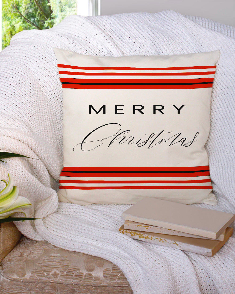 Shop Merry Christmas Red Strips Decorative Throw Pillow Accent Cushion, Throw Pillows, USA Boutique