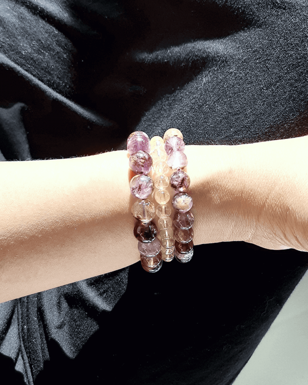 Amethyst & Minerals Inclusions 8mm 10mm Melody Super 7 Quartz Gemstone Beaded Stretch Bracelet, Bracelet, $ 39.00, A Moment Of Now™