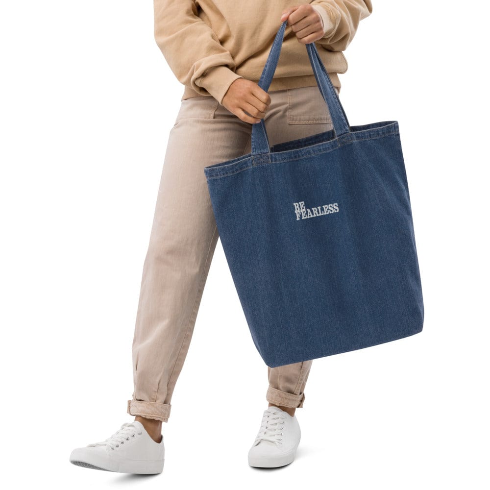 Be Fearless Motivational Inspirational Quotes Embroidered Organic Denim Tote Shoulder Shopper Bag Shopping Totes A Moment Of Now Women’s Boutique Clothing Online Lifestyle Store