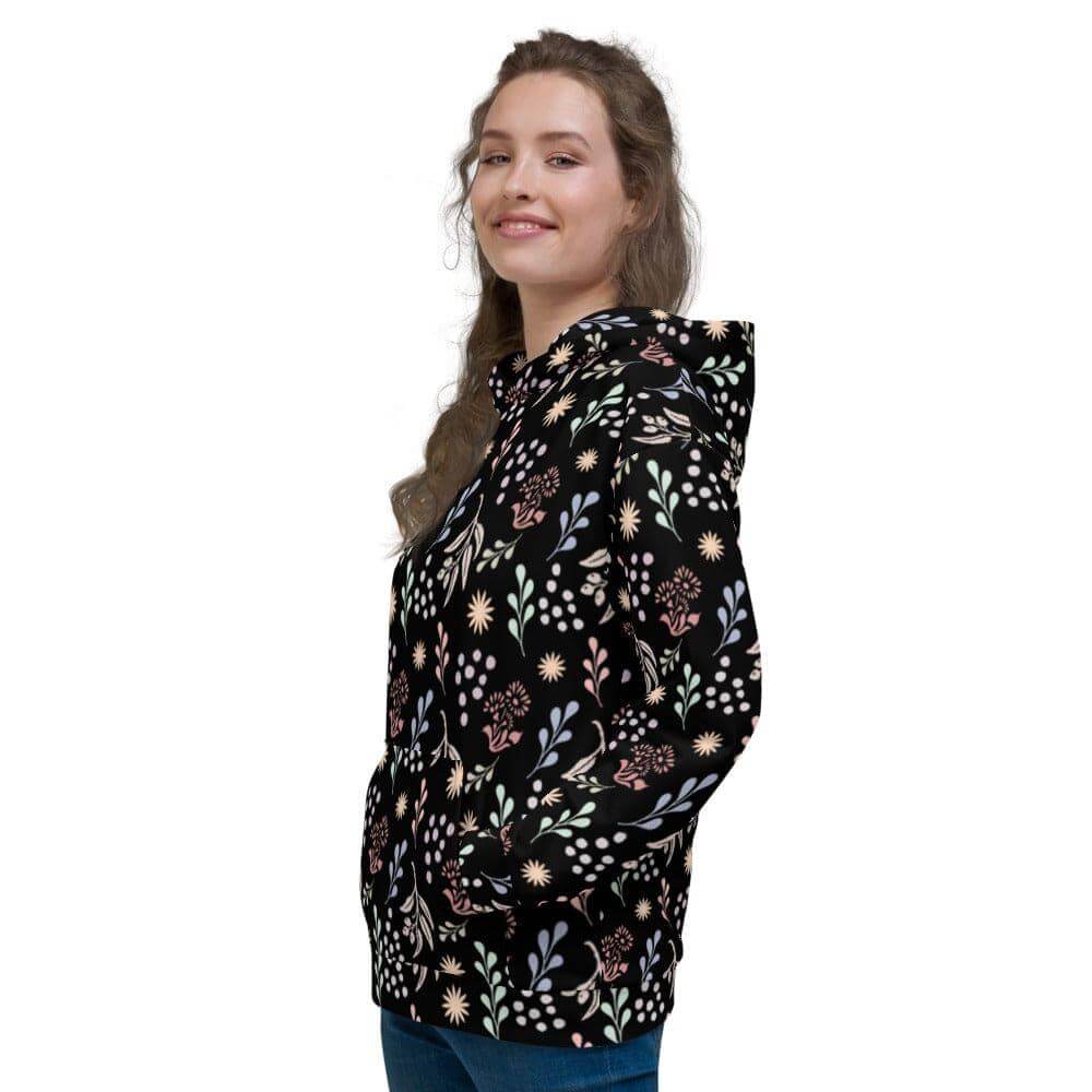 Bohemian Christy Floral Botanical Pattern Unisex Hoodie - Black, Hoodie, $ 80.00, A Moment Of Now™