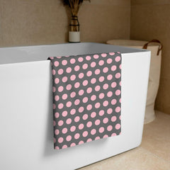 Shop Bubble Gum Pink on Dark Grey Polka Dots Beach Bath Towel, Towel, USA Boutique