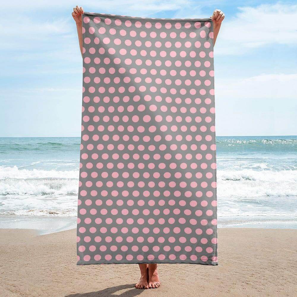 Bubble Gum Pink on Grey Polka Dots Beach Bath Towel, Towel, $ 42.95, A Moment Of Now™