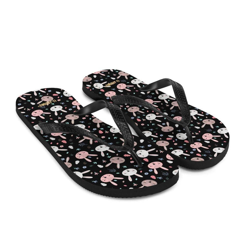 Bunnies on Black Flip-Flops | Cute Bunny Print Summer Sandals, Flip Flops, $ 30.95, A Moment Of Now™