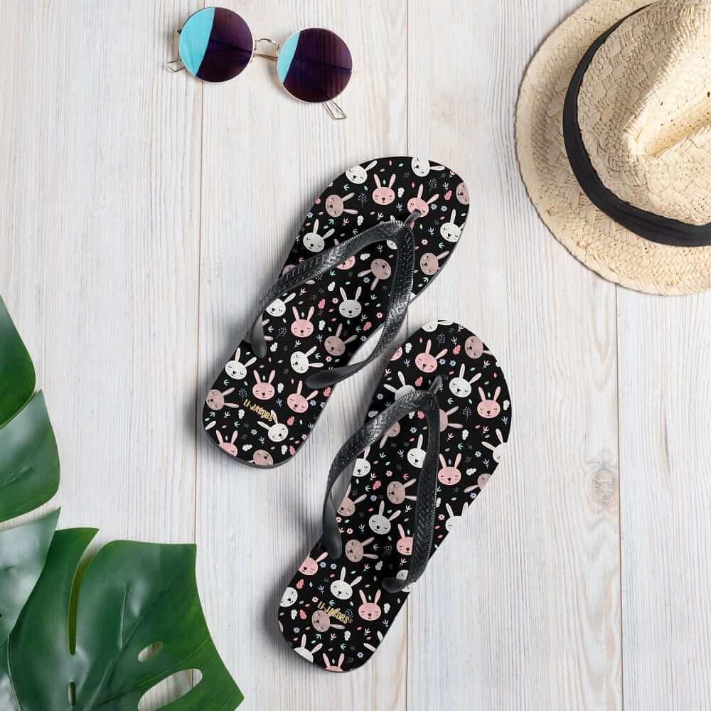 Bunnies on Black Flip-Flops | Cute Bunny Print Summer Sandals, Flip Flops, $ 30.95, A Moment Of Now™