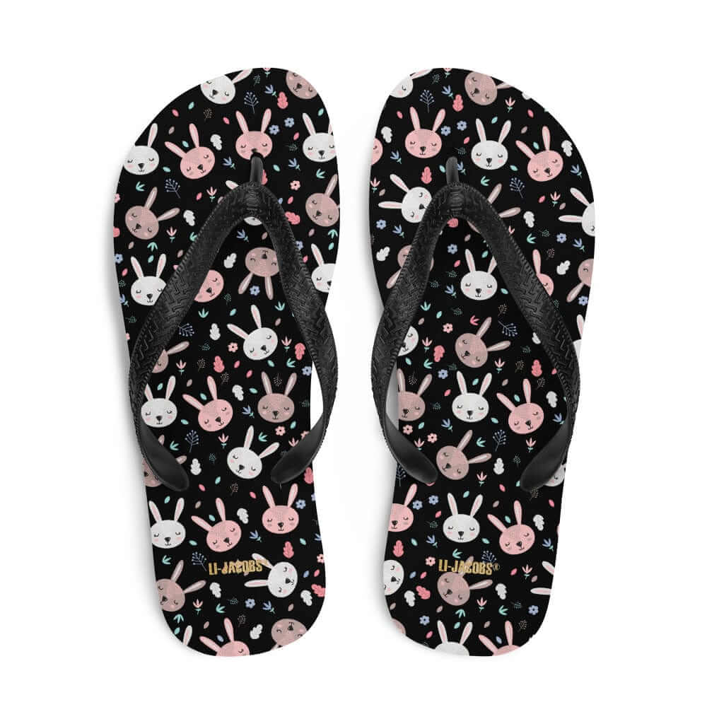 Bunnies on Black Flip-Flops | Cute Bunny Print Summer Sandals, Flip Flops, $ 30.95, A Moment Of Now™
