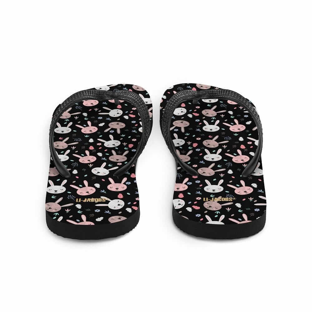 Bunnies on Black Flip-Flops | Cute Bunny Print Summer Sandals, Flip Flops, $ 30.95, A Moment Of Now™