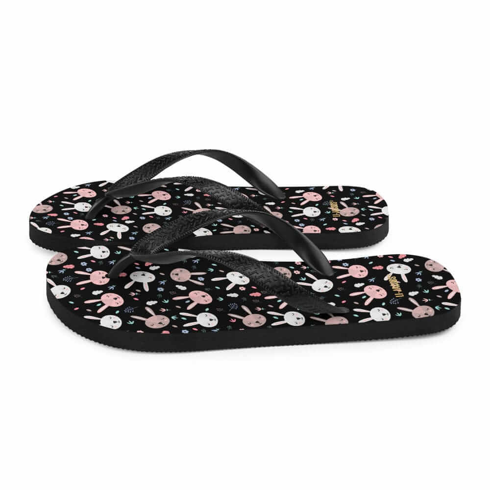 Bunnies on Black Flip-Flops | Cute Bunny Print Summer Sandals, Flip Flops, $ 30.95, A Moment Of Now™
