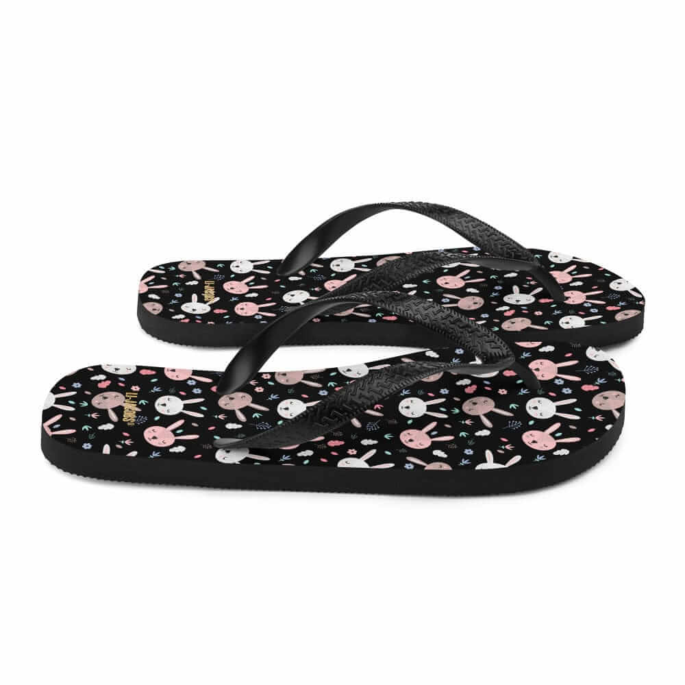Bunnies on Black Flip-Flops | Cute Bunny Print Summer Sandals, Flip Flops, $ 30.95, A Moment Of Now™