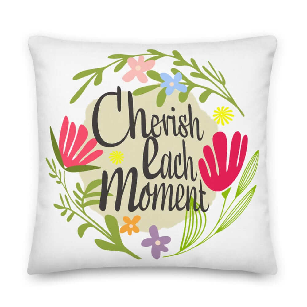 Cherish Each Moment Spring Flowers Decorative Throw Pillow Cushion - White, Pillow, $ 64.50, A Moment Of Now™