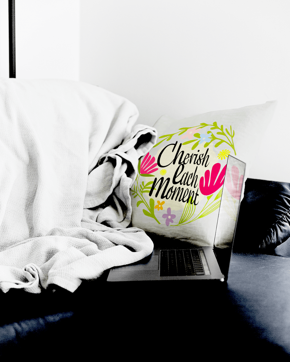 Cherish Each Moment Spring Flowers Decorative Throw Pillow Cushion - White, Pillow, $ 64.50, A Moment Of Now™