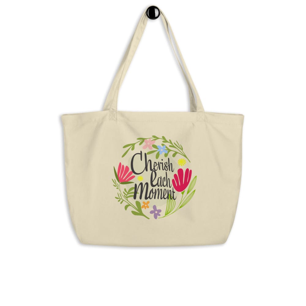 Cherish Each Moment Spring flowers Hygge Lifestyle Inspirational Quote Large Organic Tote Bag Bags - Shopping bags A Moment Of Now Women’s Boutique Clothing Online Lifestyle Store