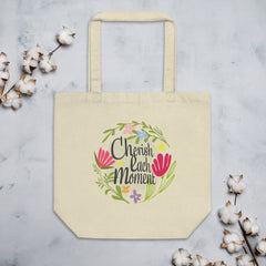 Shop Cherish Each Moment Spring flowers Hygge Lifestyle Inspirational Quote Organic Eco Tote Bag, Bags - Shopping bags, USA Boutique