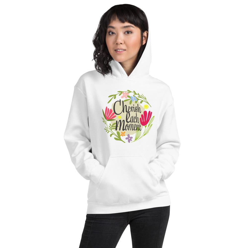 Shop Cherish Each Moment Spring Flowers Hygge Mindfulness Lifestyle Inspirational Quote Unisex Hoodie, Hoodie, USA Boutique