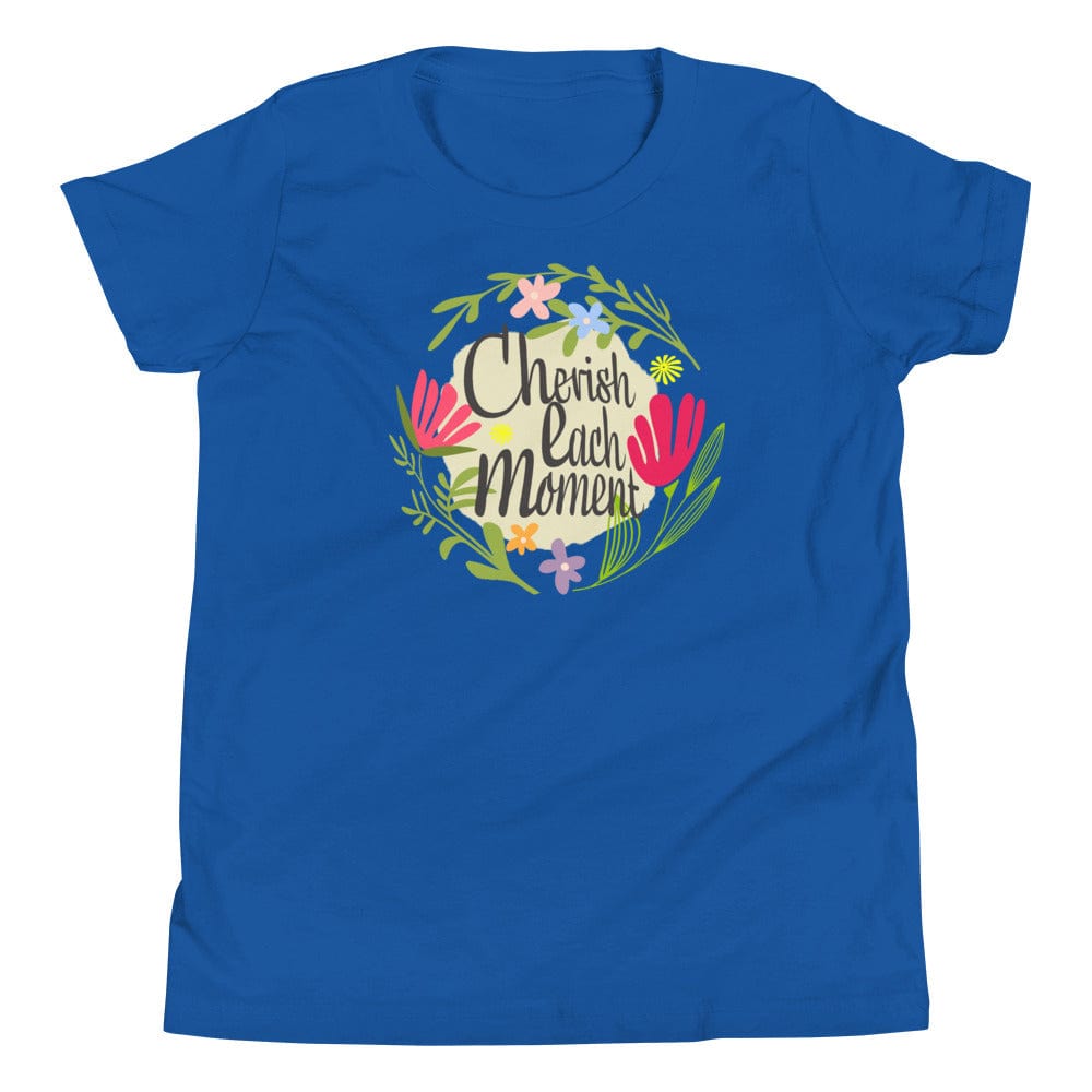 Shop Cherish Each Moment Spring Flowers Hygge Mindfulness Lifestyle Inspirational Quote Youth Short Sleeve T-Shirt, Tees, USA Boutique