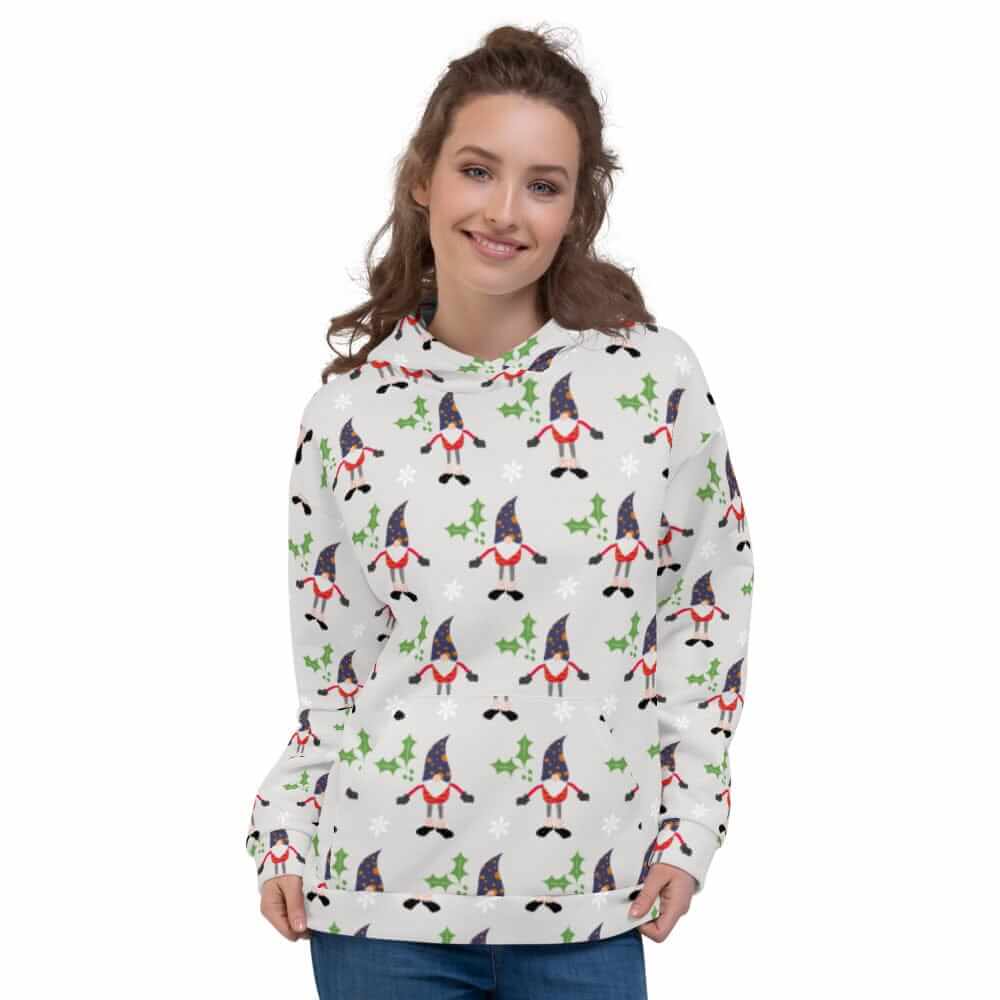 Christmas Holiday Gnome Pattern Ugly Sweatshirt Light Grey Unisex Hoodie, Hoodie, $ 80.00, A Moment Of Now™