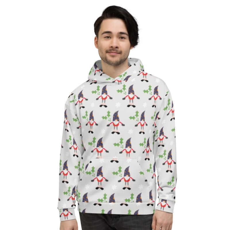 Christmas Holiday Gnome Pattern Ugly Sweatshirt Light Grey Unisex Hoodie, Hoodie, $ 80.00, A Moment Of Now™