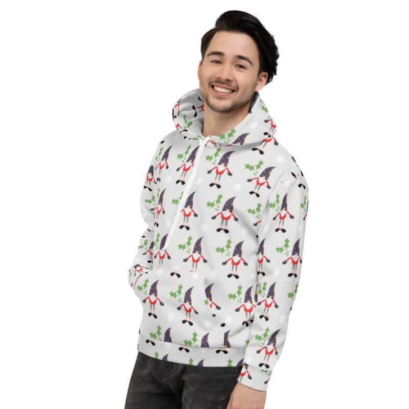 Christmas Holiday Gnome Pattern Ugly Sweatshirt Light Grey Unisex Hoodie, Hoodie, $ 80.00, A Moment Of Now™