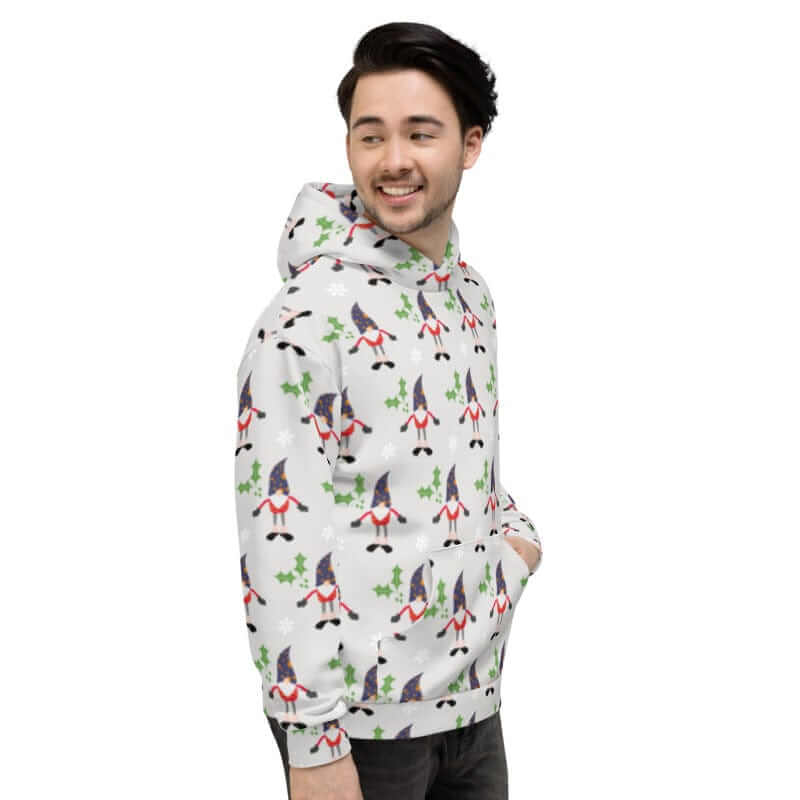 Christmas Holiday Gnome Pattern Ugly Sweatshirt Light Grey Unisex Hoodie, Hoodie, $ 80.00, A Moment Of Now™