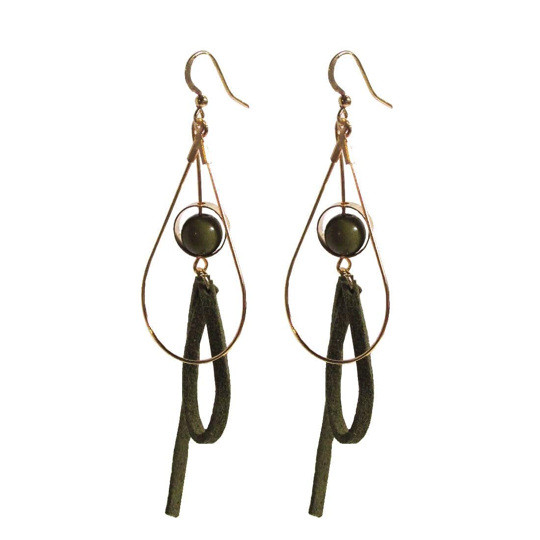 Shop Gold-tone Green Leather Dangle Earrings with Beads, Earrings, USA Boutique