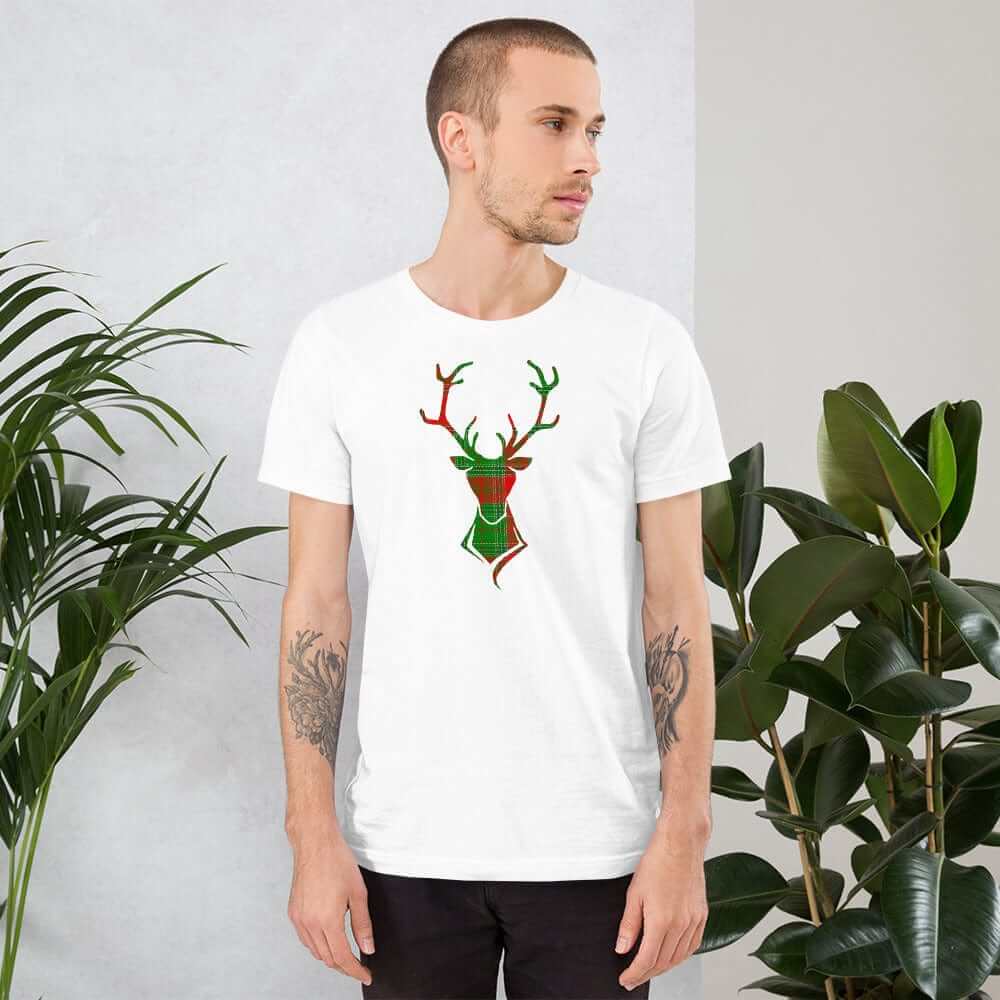 Happy Christmas Holiday Buck Deer Plaid Short-Sleeve Unisex T-Shirt, Clothing T-shirts, $ 30.95, A Moment Of Now™
